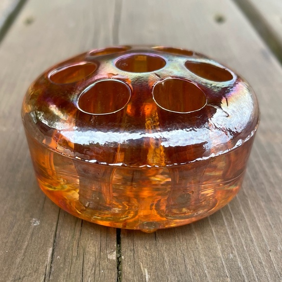 Vintage Iridescent Marigold Carnival Glass Flower Frog Floral Arranger - Picture 8 of 14